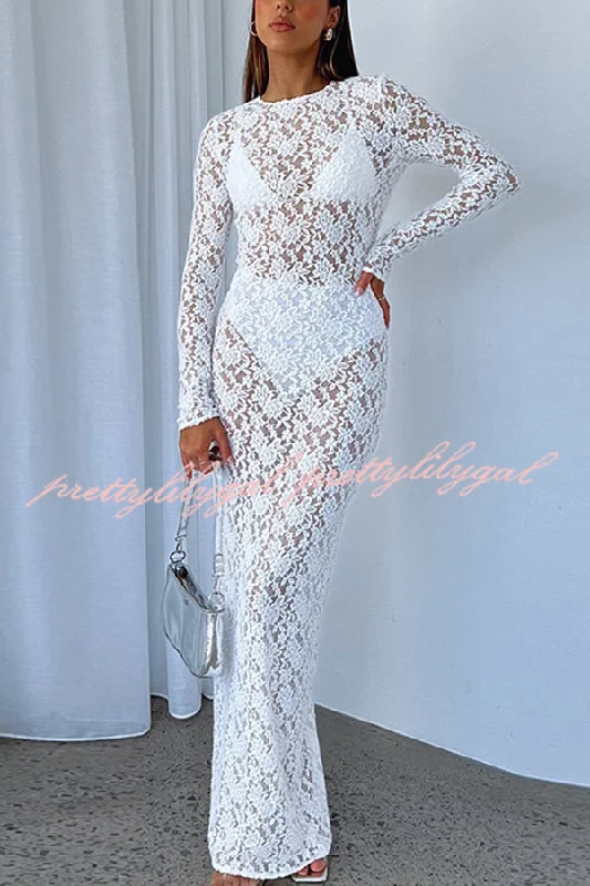 maxi dresses with sequined detailsSolid Color Round Neck Long Sleeve Sexy Lace Slim Fit Cover-up Maxi Dress