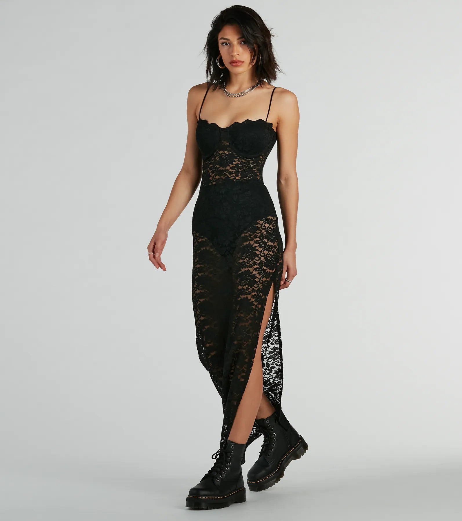 maxi dresses with thigh-high slitsKiss And Tell Sweetheart Sheer Lace Maxi Dress