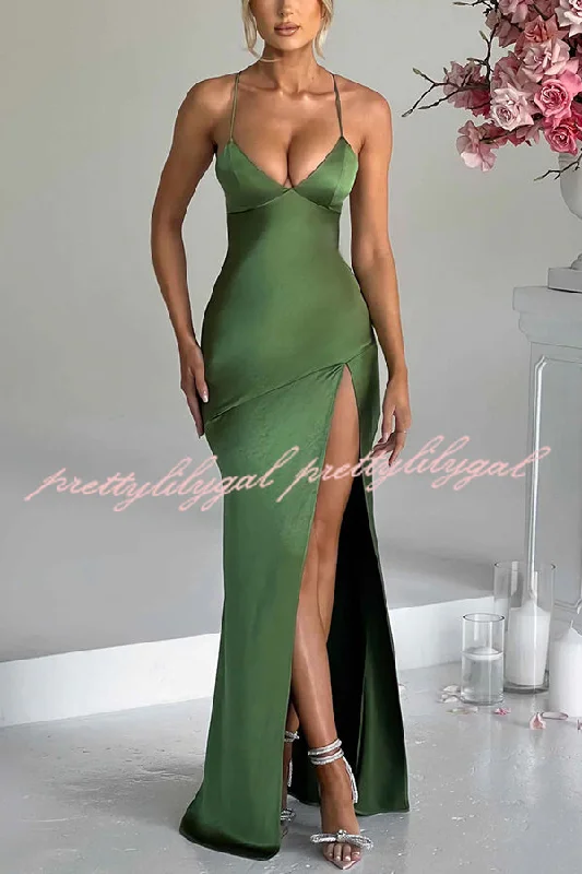 maxi dresses with empire waistsSatin Solid Color Sexy Backless Lace Up High Slit Maxi Dress