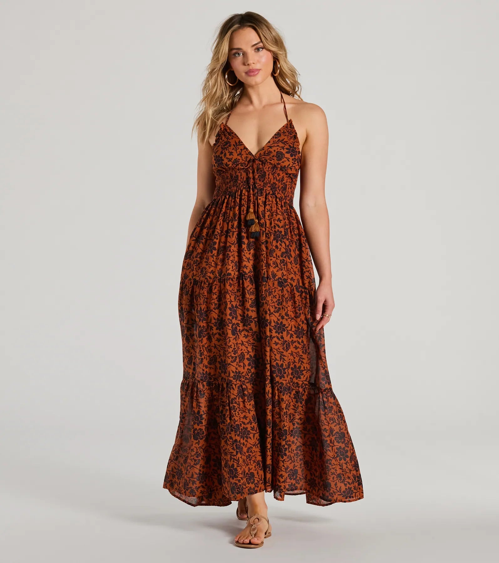 floral print maxi dressesStunning One Halter V-Neck Ruffle Floral Maxi Dress