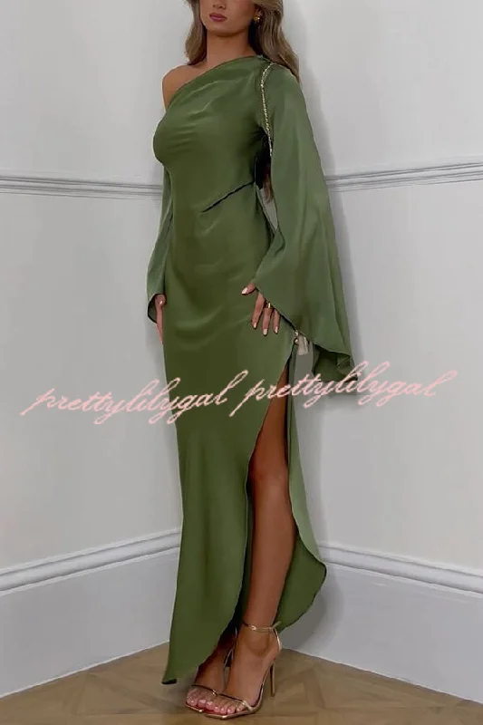 maxi dresses for teensZayla Satin Asymmetrical One Shoulder Bell Sleeve Slit Maxi Dress