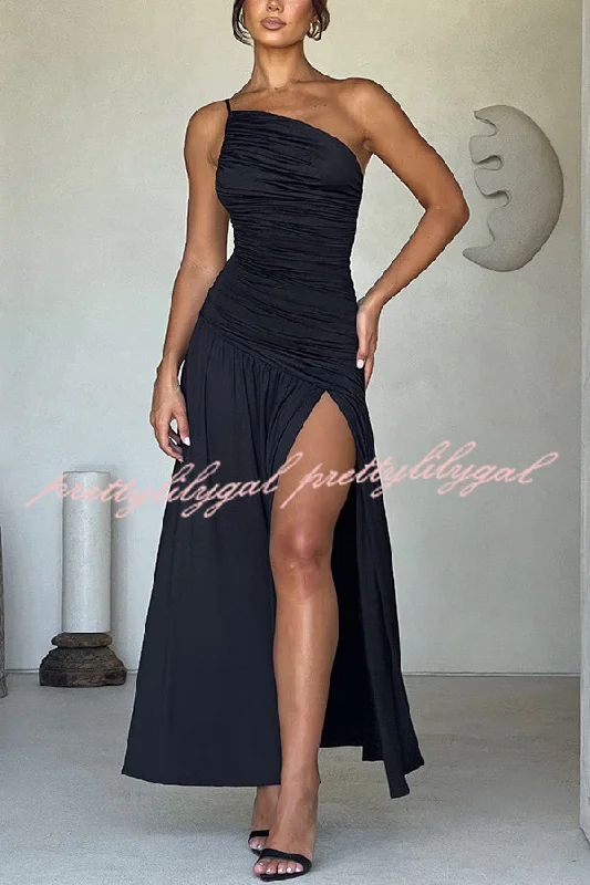 maxi dresses with spaghetti strapsSexy One-shoulder Strap Gathered Slim Fit Slit Maxi Dress