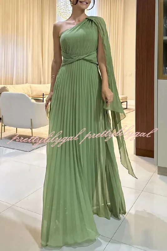 maxi dresses with appliquésKate Pleated One Shoulder Drape Sleeve Twist Waist Maxi Dress