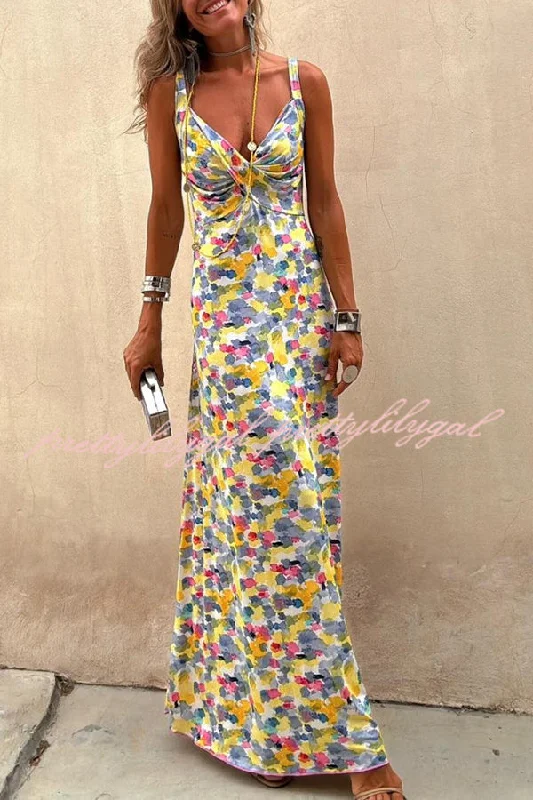 velvet maxi dressesFlora Watercolor Print Crossover Neck Wide Straps Stretch Maxi Dress