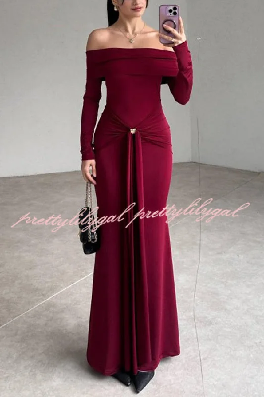 maxi dresses for all seasons and occasionsNaia Off Shoulder Long Sleeve Metal Buckle Adjustment Drape Stretch Maxi Dress