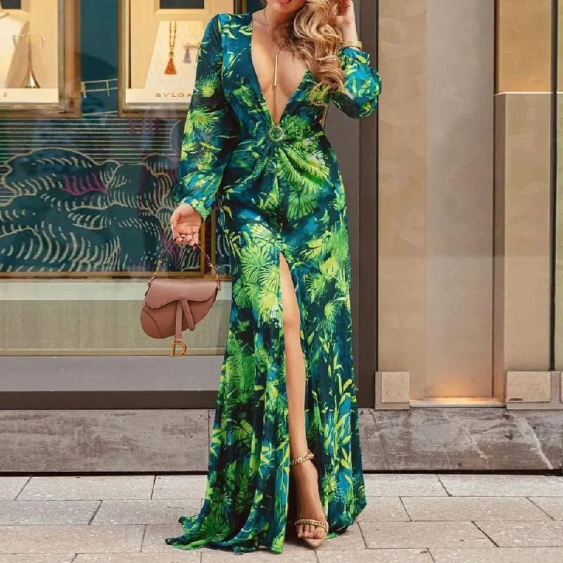 maxi dresses with low necklinesSexy Long Sleeve Printed V neck Split Maxi Dress