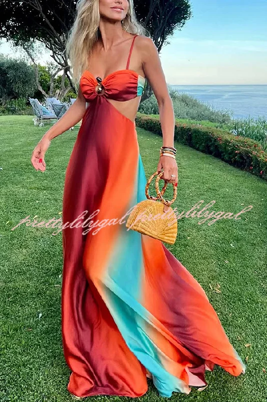 maxi dresses for weddingsNeon Sunset Printed Metal Decoration Cutout Back Tie-up Vacation Maxi Dress