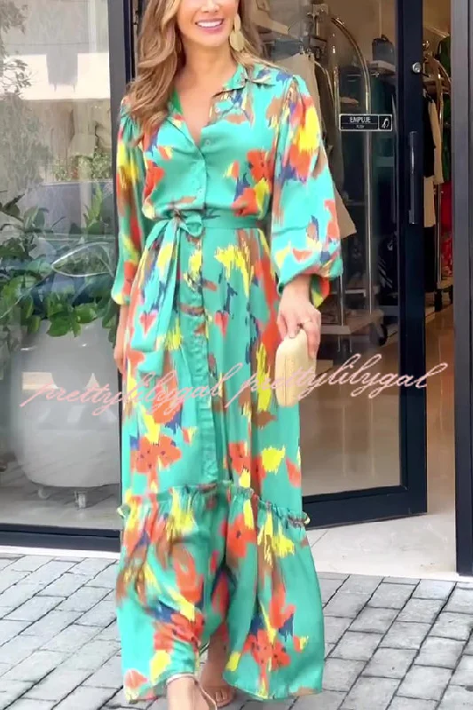 maxi dresses with mermaid silhouettesMulticolor Printed Lapel Balloon Sleeves Tie-waist Maxi Dress