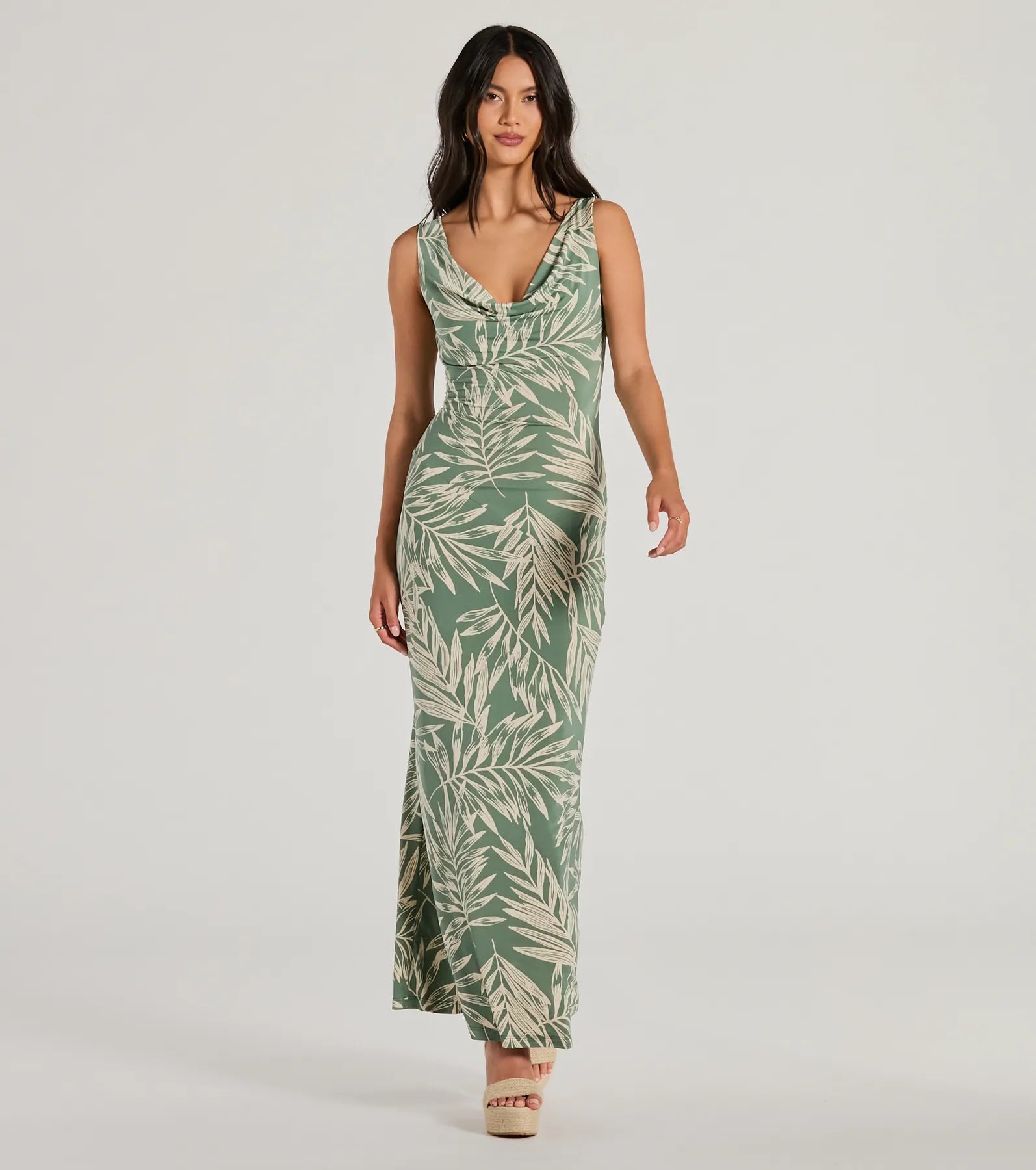 satin maxi dressesFabulous Destination Tropical Cowl Neck Maxi Dress