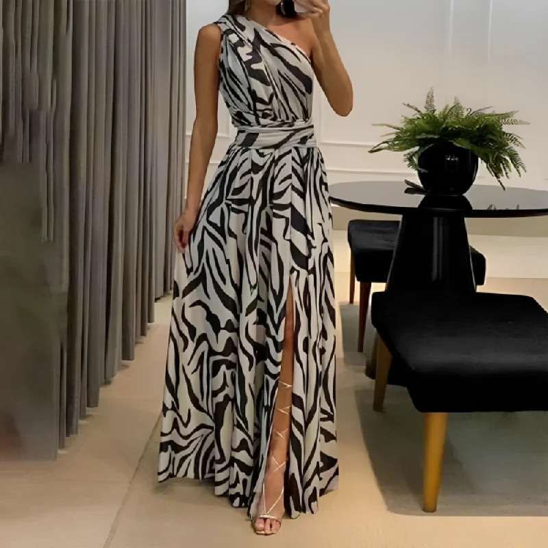 maxi dresses with front pocketsWhite Black Zebra Print Asymmetrical Front Slit Maxi Dress