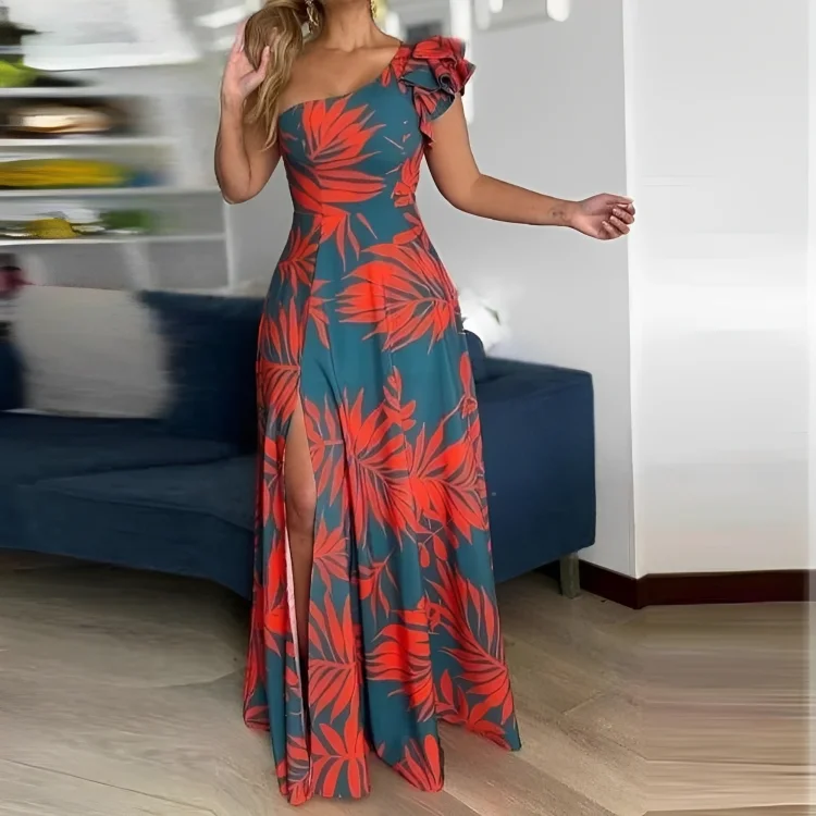 maxi dresses with lace overlaysMaui Orange Palmetto Blue Asymmetrical Ruffle Maxi Dress