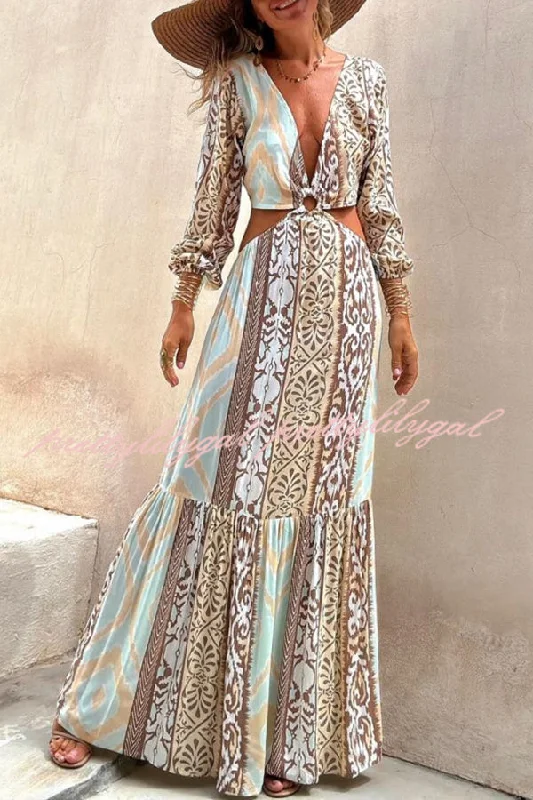 striped maxi dressesSefora Unique Color Block Print Long Sleeve Ring Cutout Back Tie-up Maxi Dress