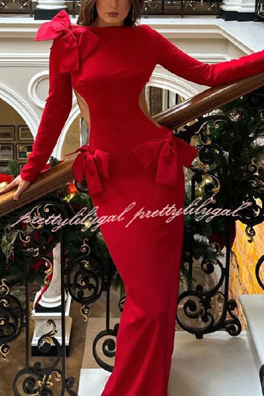 maxi dresses with sleevesLovely Bow Cutout Button Back Zipper Long Sleeve Maxi Dress