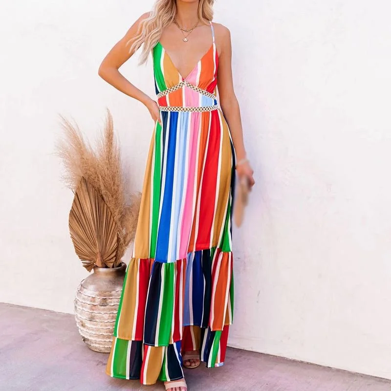 maxi dresses with cap sleevesMulti Rainbow Print Maxi Dress