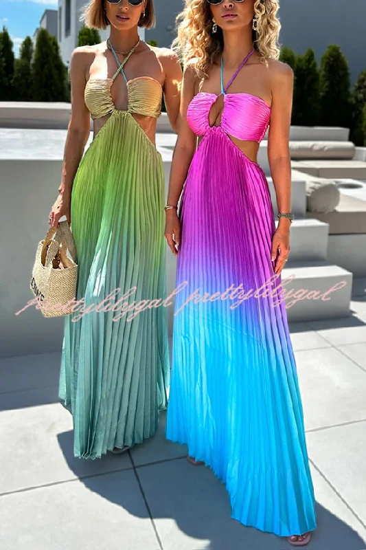 maxi dresses for formal eventsGet Ready Beautiful Gradient Print Cutout Halterneck Pleated Maxi Dress