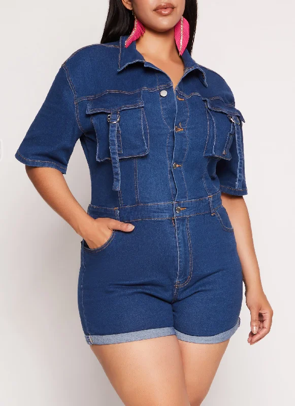 women's short-sleeved dressesPlus Size Daisy Denim Utility Romper