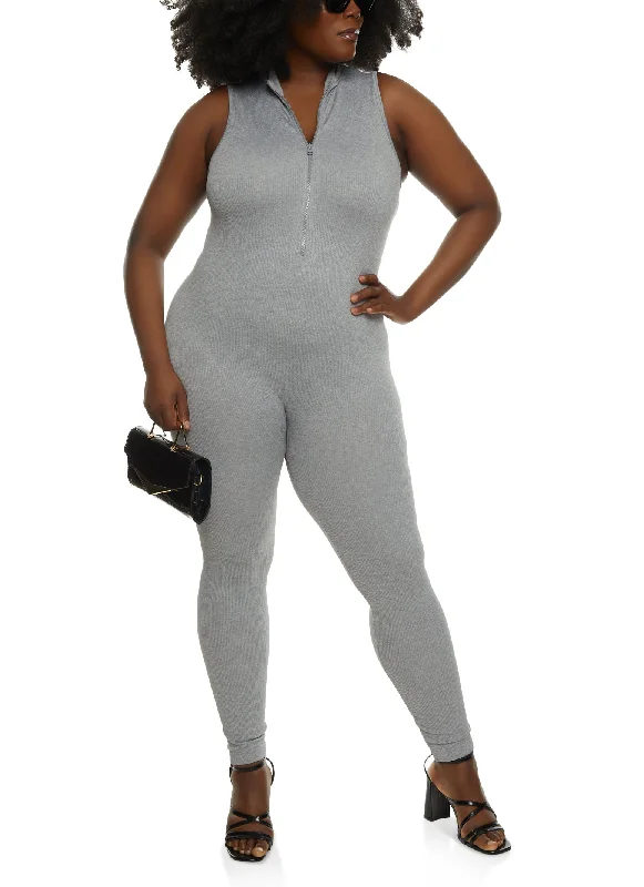 women's minimalist dressesPlus Size Sleeveless Half Zip Catsuit