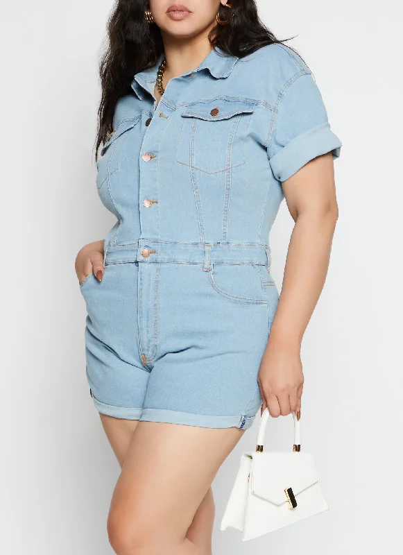 women's petite dressesPlus Size Daisy Short Sleeve Denim Romper