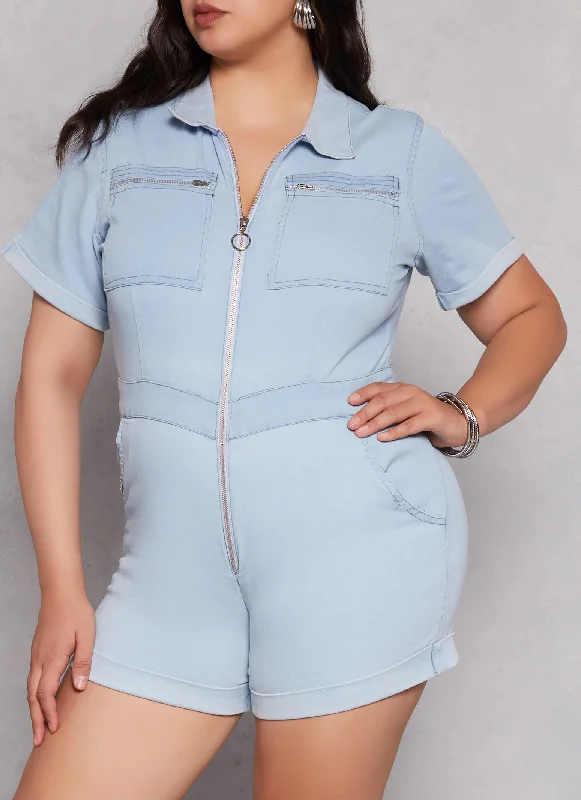 women's solid color dressesPlus Size Denim Zip Front Pocket Detail Romper