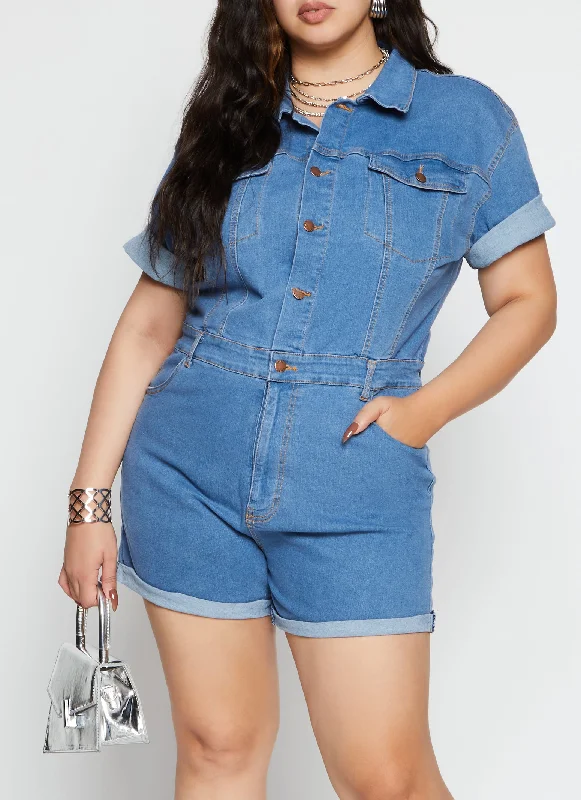 women's spaghetti strap dressesPlus Size Daisy Short Sleeve Denim Romper