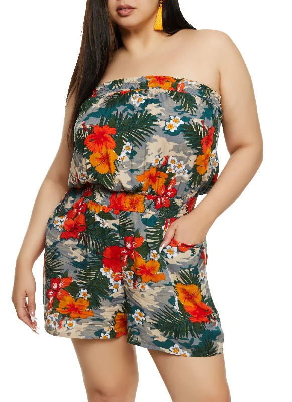 women's pear-shaped body dressesPlus Size Camo Floral Print Strapless Smocked Waist Romper