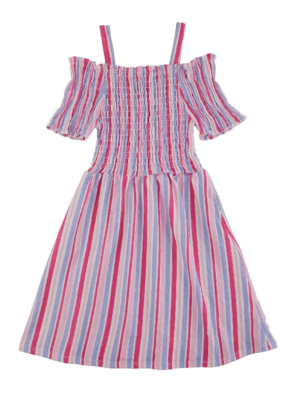 women's chiffon dressesGirls Smocked Cold Shoulder Tiered Striped Dress