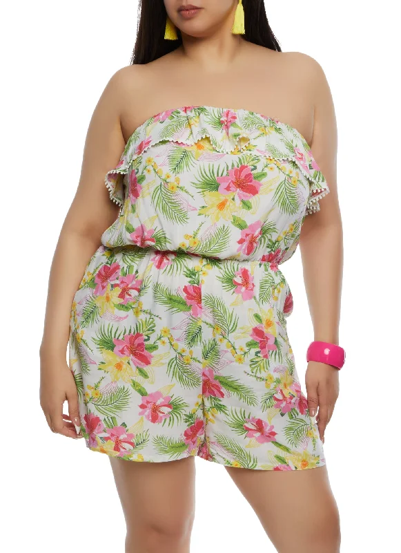 women's sustainable dressesPlus Size Floral Print Pocket Strapless Romper