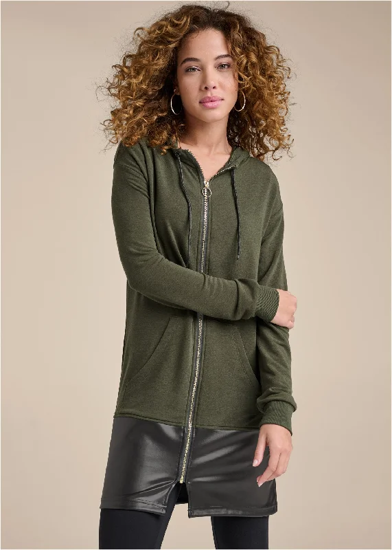 women's ruffle dressesFaux-Leather Tunic Jacket - Olive & Black