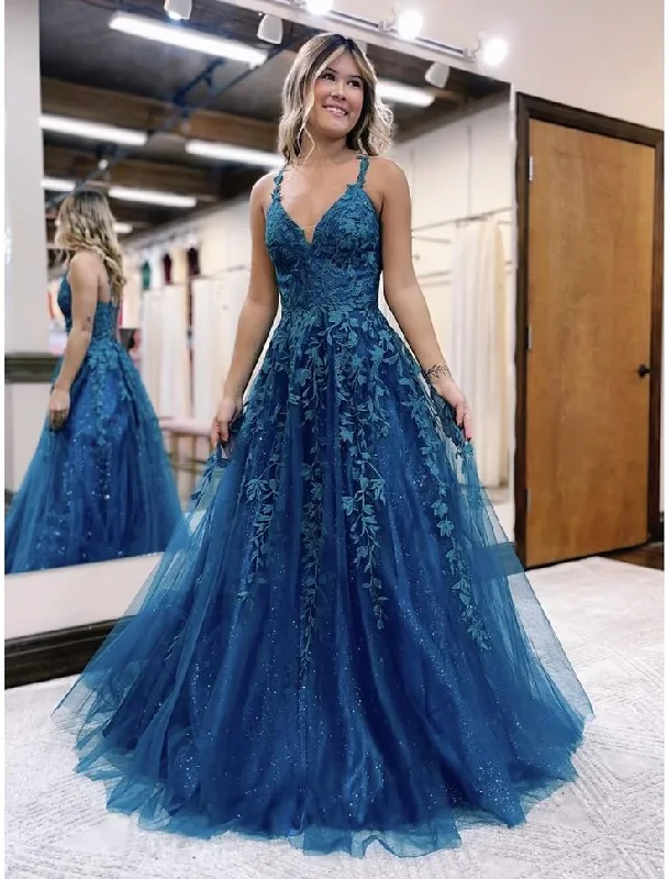 prom dresses with sequin detailingA-Line Prom Dresses Formal Floor Length Sleeveless V Neck Tulle Backless with Glitter Appliques    S5202