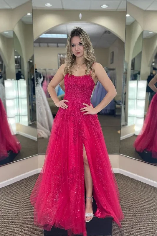 prom dresses for fallA-line Tulle Scoop Neckline Applique Slit Long Prom Dress      S5139