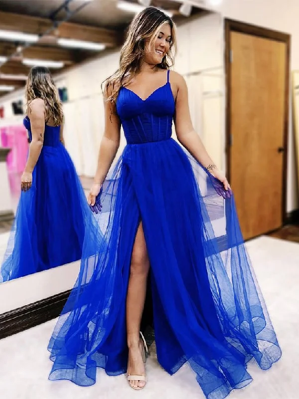 fitted prom dressesA-Line V Neck Tulle Blue Long Prom Dress, Blue Tulle Long Formal Dress        S5287