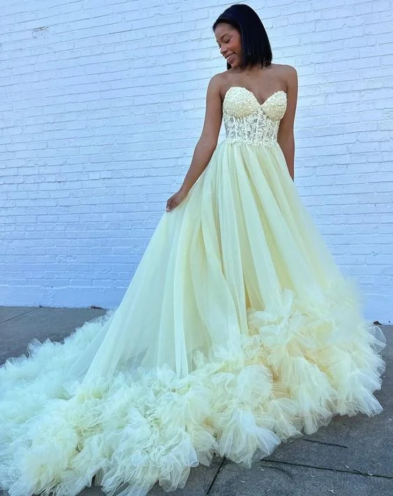 prom dresses for short girlsA-Line Yellow Sweetheart Corset Ruffle Prom Dress     S5267