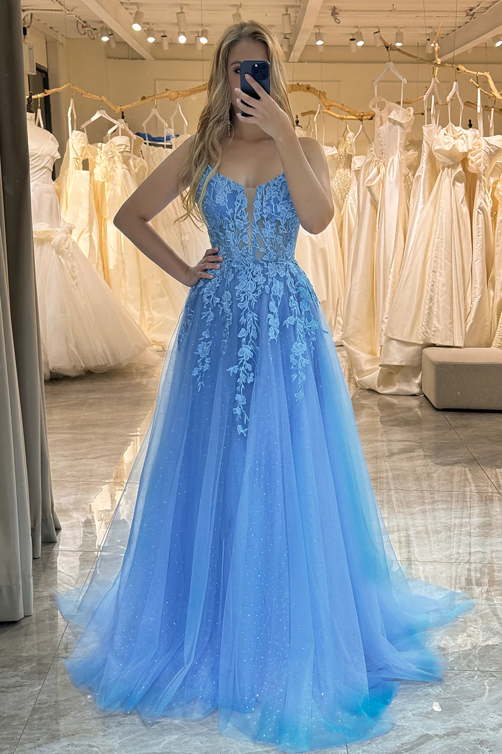 mermaid prom dressesAmzcw A-Line Spaghetti Straps Tulle Long Blue Prom Dress With Appliques prom clothing