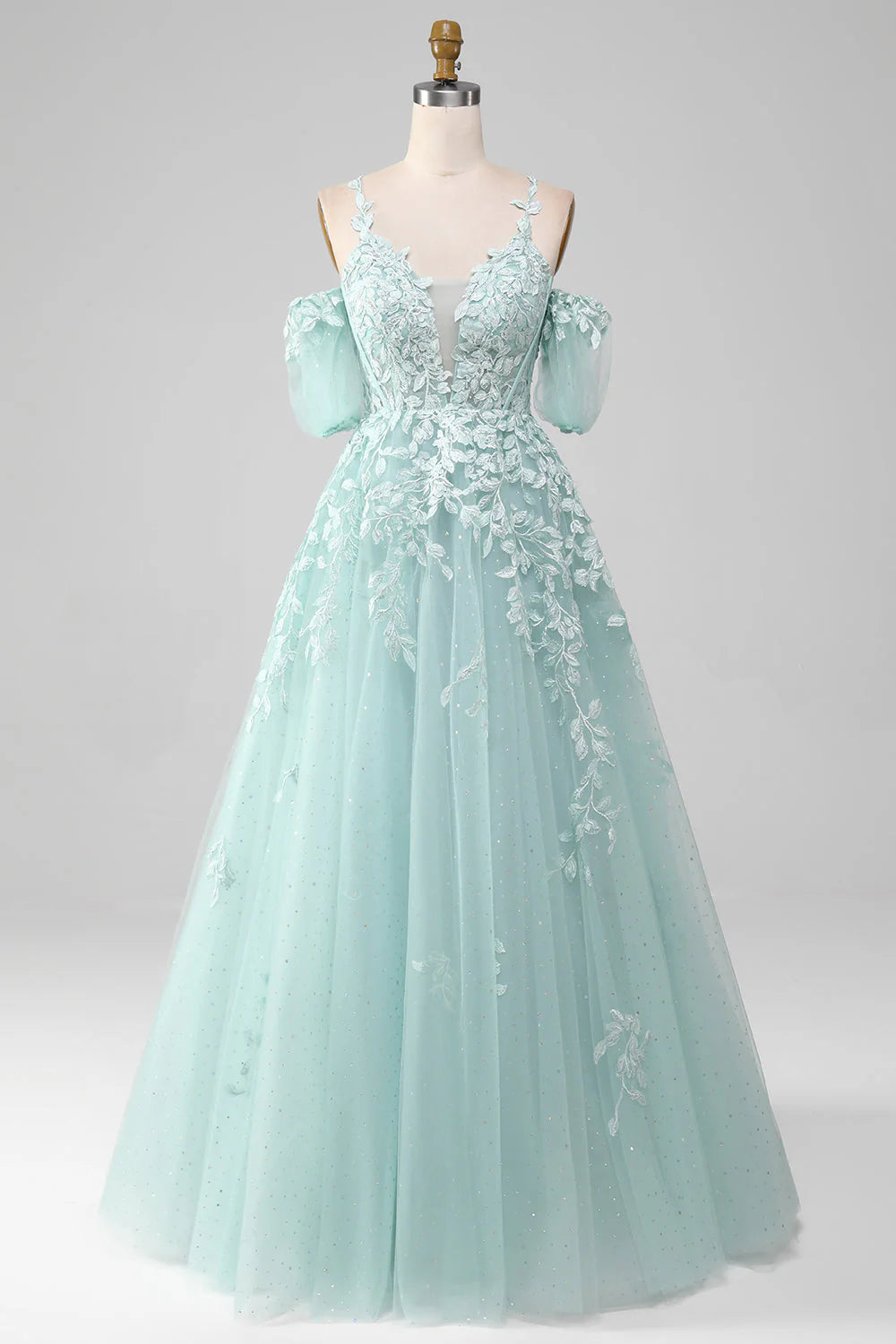 prom dresses with floral embroideryAmzcw Ball-Gown Off The Shoulder Beaded Mint Prom Dress With Appliques prom clothing