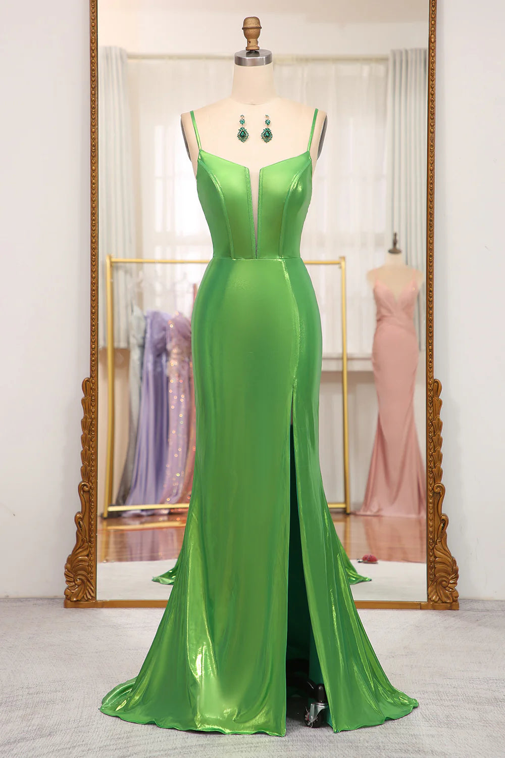 long prom dressesAmzcw Bright Green Mermaid Spaghetti Straps Corset Long Prom Dress With Slit prom clothing