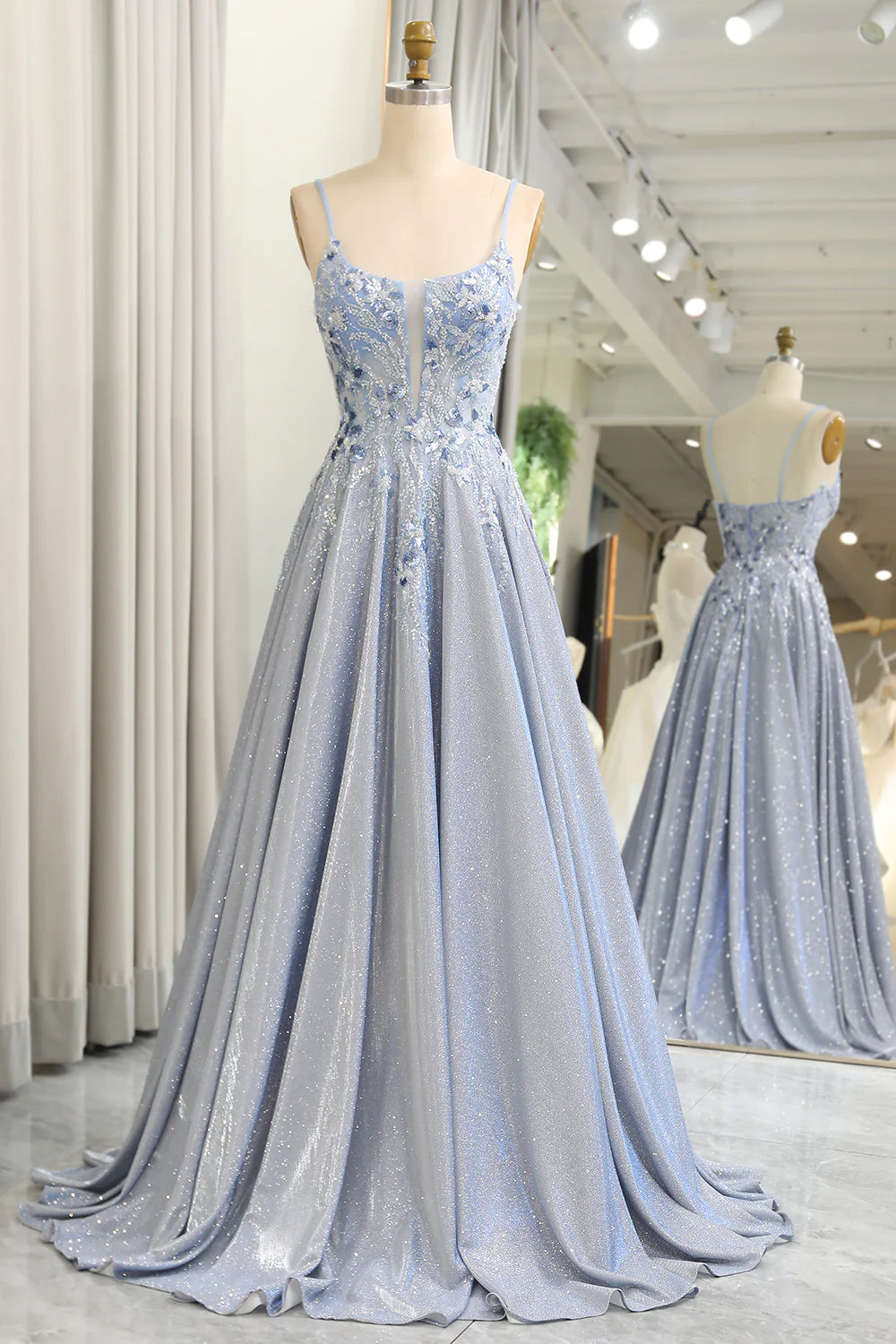 cap sleeve prom dressesAmzcw Glitter Grey Blue A-Line Spaghetti Straps Long Prom Dress With Appliques prom dresses shops