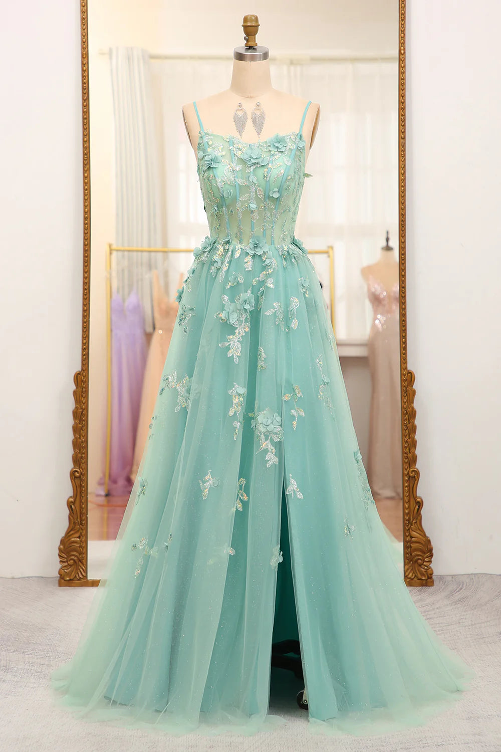 flowy prom dressesAmzcw Green A-Line Spaghetti Straps Long Sparkly Prom Dress With Appliques prom dresses shops