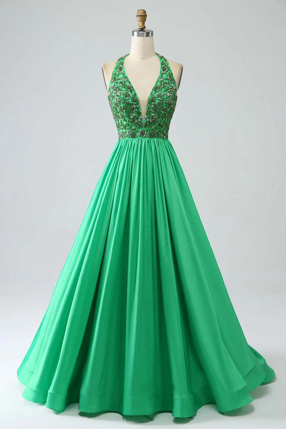 halter prom dressesAmzcw Green Princess A-Line Halter Long Satin Prom Dress with Beading prom dresses shops