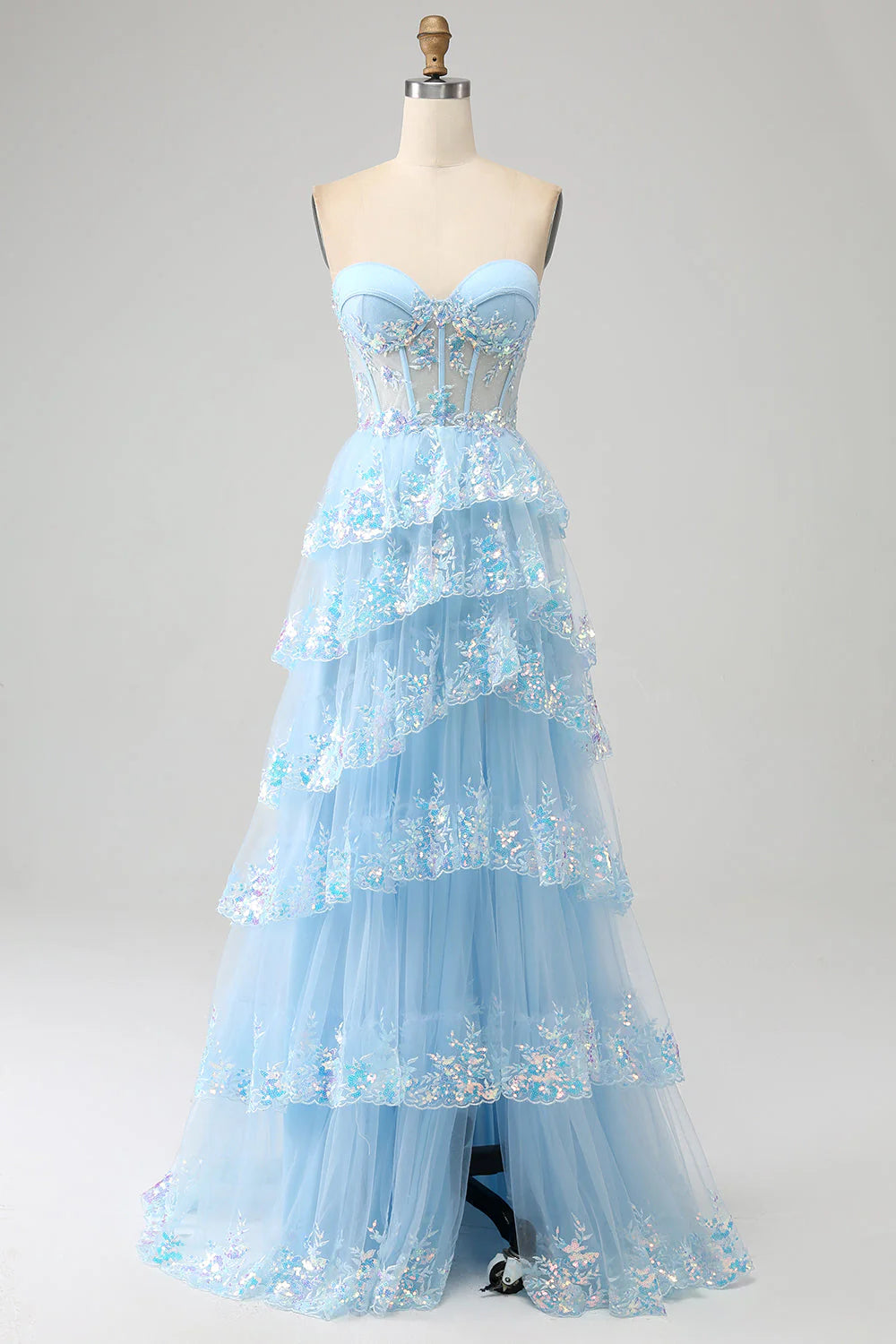 custom prom dressesAmzcw Light Blue Princess A Line Sweetheart Tiered Sequin Tulle Prom Dress With Slit prom dresses shops