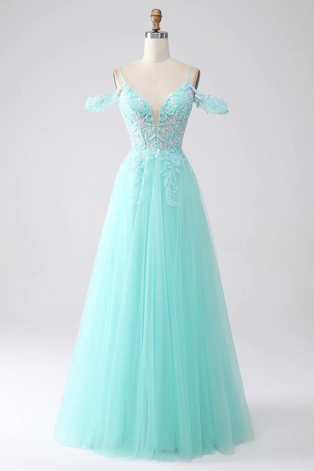 lace-up prom dressesAmzcw Light Green A-Line Spaghetti Straps Cold Shoulder Sequins Prom Dress prom dresses shops