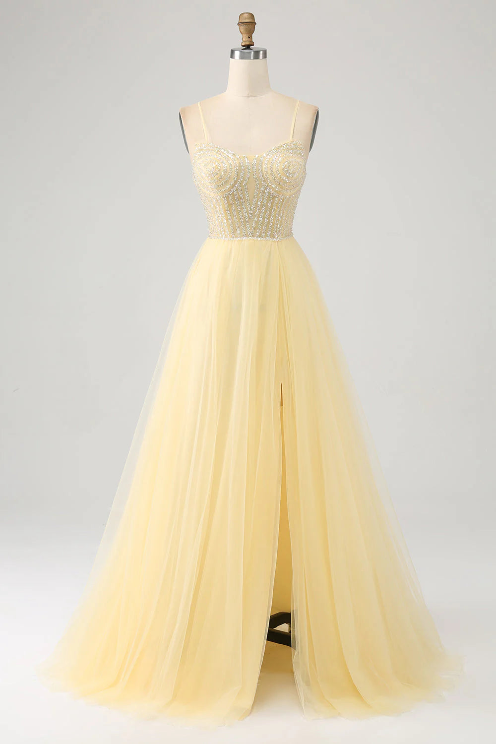 prom dress fitting adviceAmzcw Light Yellow A-Line Spaghetti Straps Beaded Tulle Prom Dress with Slit prom dresses shops