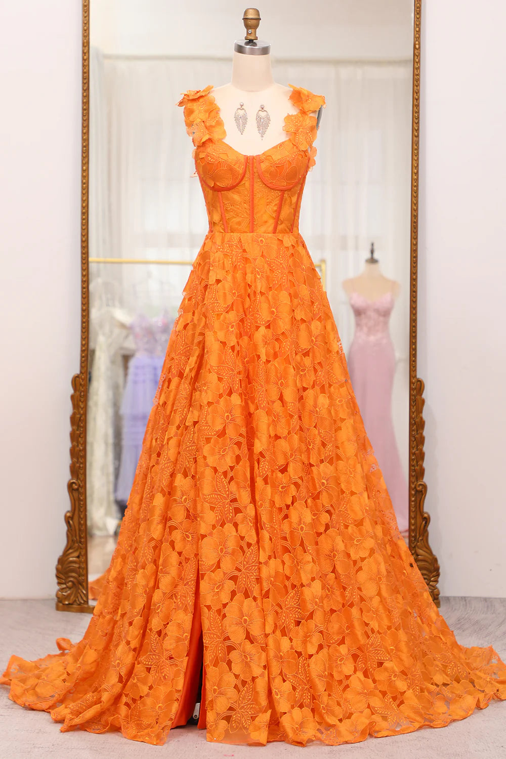 affordable prom dressesAmzcw Orange A-Line Spaghetti Straps Applique Corset Long Prom Dress With Slit prom dresses shops