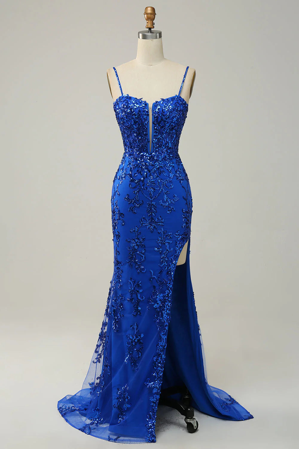 modern prom dressesAmzcw Royal Blue Mermaid Spaghetti Straps Sequins Long Prom Dress with Split Front prom clothing