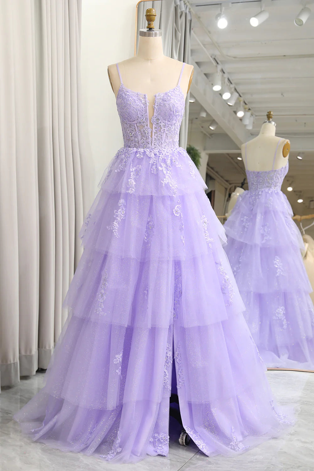 mid-length prom dressesAmzcw Sparkly A Line Appliqued Tiered Long Corset Lilac Prom Dress With Slit prom dresses shops