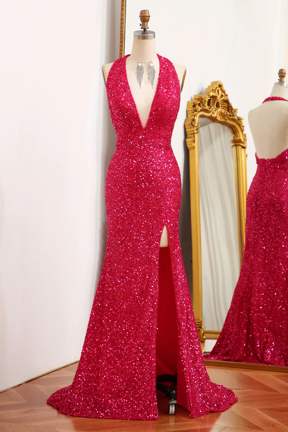 off-the-shoulder prom dressesAmzcw Sparkly Fuchsia Mermaid Halter Backless Sequin Prom Dress With Slit prom clothing