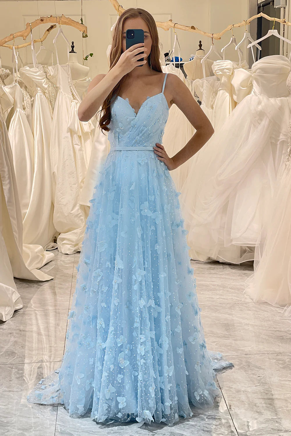 metallic prom dressesAmzcw Sparkly Sky Blue A Line Spaghetti Straps Beaded Prom Dress with 3D Butterflies prom dresses shops