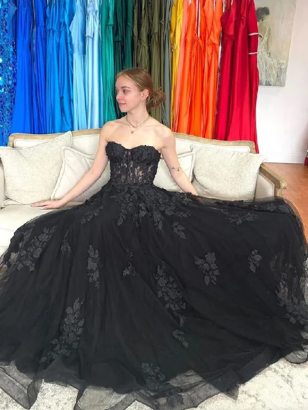 maxi prom dressesBlack A line tulle lace long prom dress, black tulle formal dress      S5348