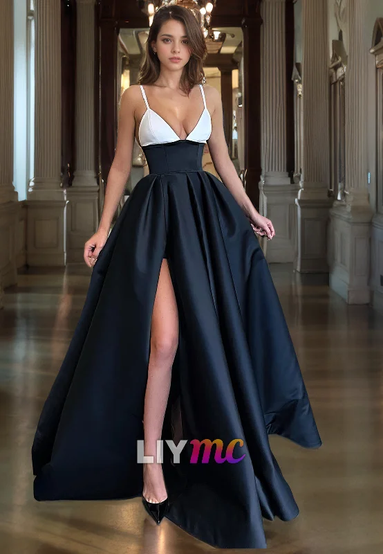 prom dress accessoriesV-Neck Sleeveless Pleated A-Line High Slit Prom Dress