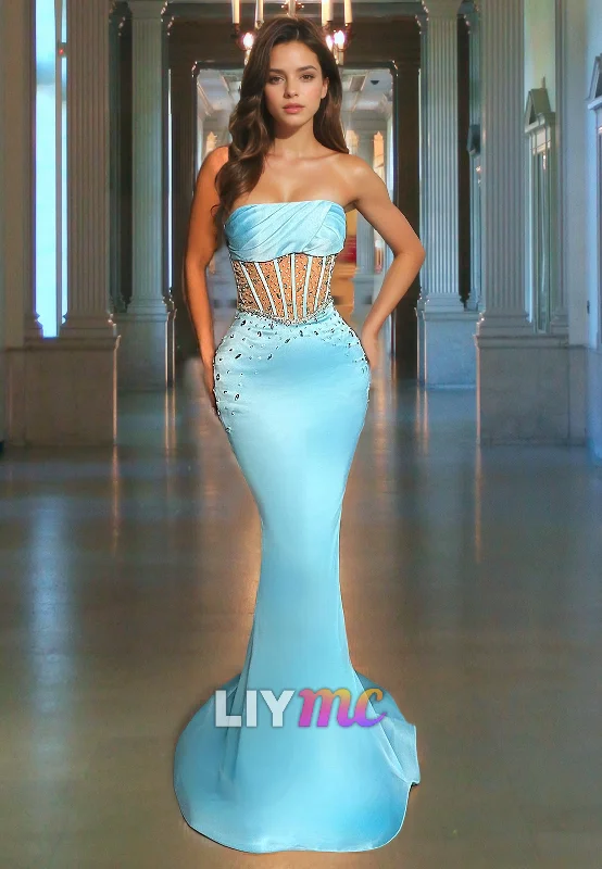 prom dresses with pocketsStraight Across Sleeveless Beaded Mermaid Prom Dress