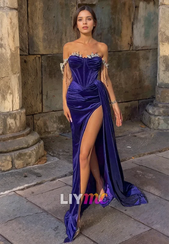 metallic prom dressesOff-Shoulder Sleeveless Velvet High Slit Prom Dress